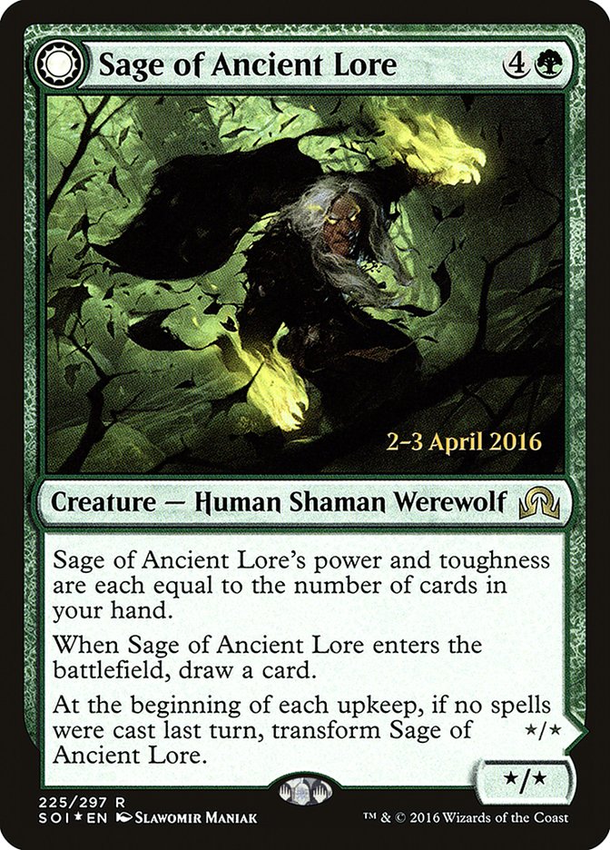 Sage of Ancient Lore // Werewolf of Ancient Hunger [Shadows over Innistrad Prerelease Promos] | KingTCG.ca